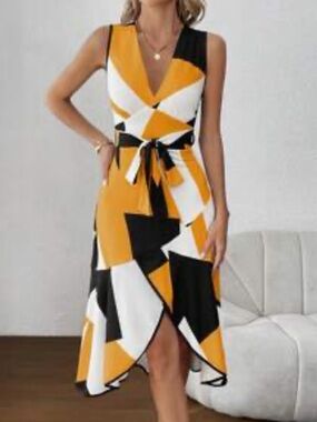 SHEIN Mustard Black White Geometric Wrap Midi Dress- missing waist tie